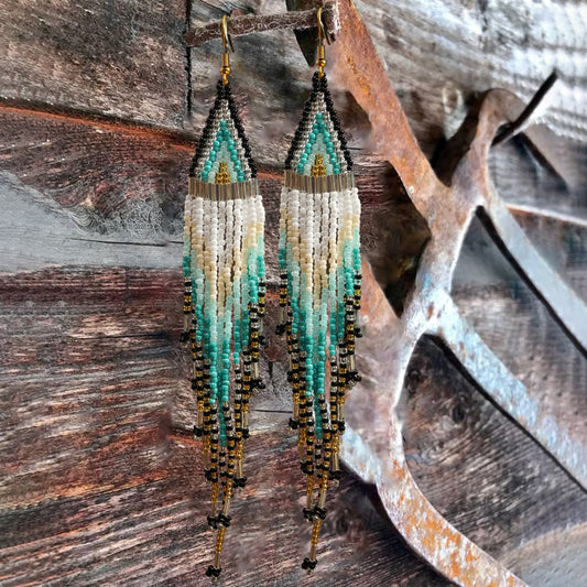 Blue Wave Green Tassel Earrings