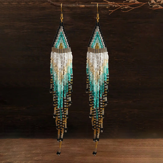 Blue Wave Green Tassel Earrings